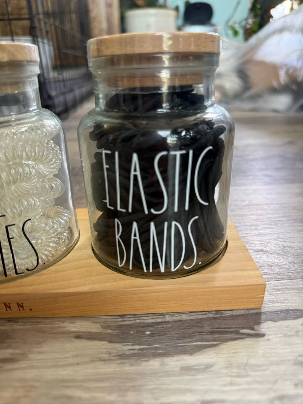 Rae Dunn Set Small Glass Jar w/Wood Lid with Bobby Pins Hair Ties & Bands NEW